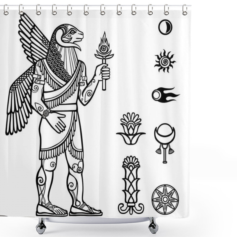 Personality  Vector Illustration: Assyrian Deity With A Body Of The Person And The Head Of A Ram. Full Growth. Character Of Sumerian Mythology. Set Of Space Solar Symbols. Shower Curtains