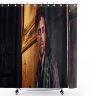 Personality  Despaired Man In Worn Jacket Looking Away In Darkness Of Post-apocalyptic Devastated Subway, Banner Shower Curtains