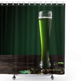 Personality  Glass Of Green Beer With Shamrock And Golden Coins On Table, St Patricks Day Concept Shower Curtains