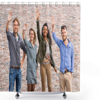 Personality  Group Of Young Friends Waving Their Hands Shower Curtains