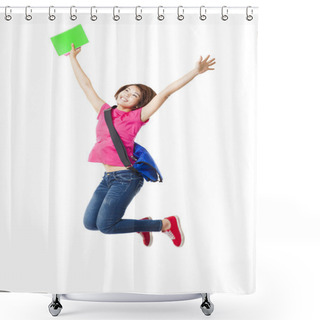 Personality  Young Happy Woman And Student Jumping Shower Curtains