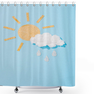 Personality  Paper Sun And Cotton Candy Cloud With Glitter Raindrops On Blue Shower Curtains