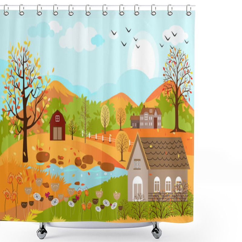 Personality  Panoramic Of Countryside Landscape In Autumn With Fallen Leaves On The Grass, Vector Illustration Of Horizontal Banner Of Autumn Landscape Mountains And Maple Trees With Yellow And Orange Foliage In Fall Season. Shower Curtains