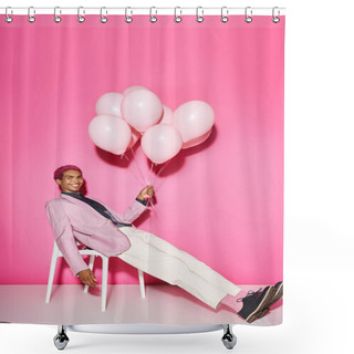 Personality  Cheerful Young Man Smiling Unnaturally At Camera And Holding Balloons In Hand, Acting Like Doll Shower Curtains