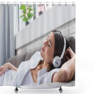 Personality  Peaceful Young Adult Woman With Closed Eyes Resting In Headphones On Couch At Home Shower Curtains