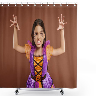 Personality  Spooky Child In Halloween Costume With Spiderweb Makeup Growling And Gesturing On Brown Backdrop Shower Curtains