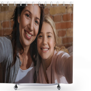Personality  Happy Mother And Daughter Smiling At Camera At Home  Shower Curtains