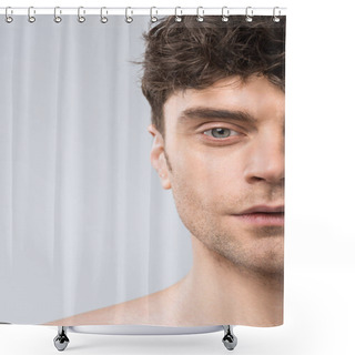 Personality  Portrait Of Handsome Young Man Isolated On Grey Shower Curtains