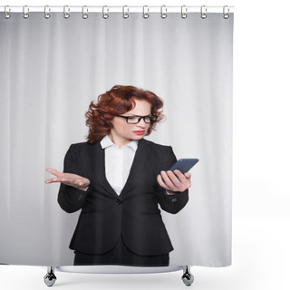 Personality  Confused Businesswoman Looking At Smartphone Shower Curtains
