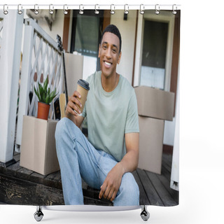 Personality  Cheerful African American Man Holding Coffee To Go Near Carton Boxes And New House Outdoors Shower Curtains