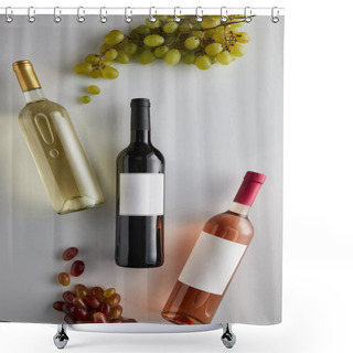 Personality  Top View Of Bottles With White, Red And Rose Wine Near Grape On White Background Shower Curtains