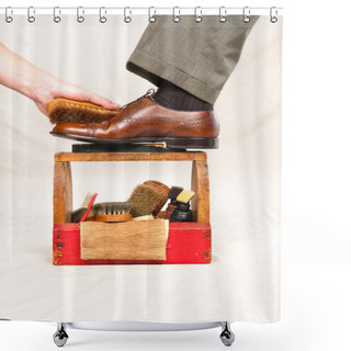 Personality  Antique Shoe Shine Box And Worker Shower Curtains