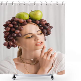 Personality  Portrait Of Rustic Blonde Woman Posing With Grapes And Apples On Head Isolated On White Shower Curtains