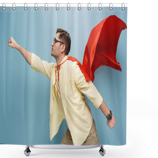 Personality  Side View Of Superhero In Glasses And Red Cape Standing With Outstretched Hand On Blue Shower Curtains