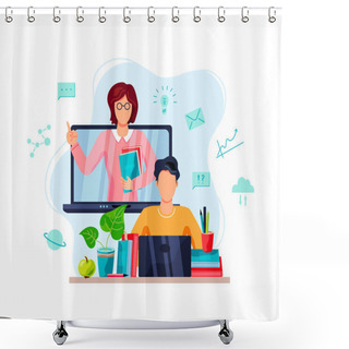 Personality  Online Education, Home Schooling Concept. Student Is Doing Homework On Computer. Female Teacher On Laptop Screen. Vector Illustration On White Background. Flat Cartoon Style Design. Shower Curtains