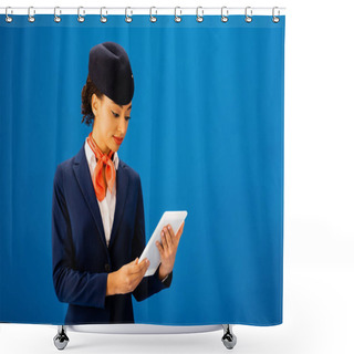 Personality  Smiling African American Flight Attendant Using Digital Tablet Isolated On Blue  Shower Curtains