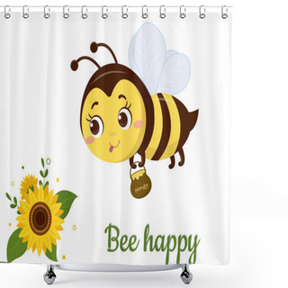 Personality  The Character Of A Cute Honey Bee With A Pot Of Honey Flies To A Sunflower Flower And Leaves On A White Background. Vector, Cartoon Style Shower Curtains