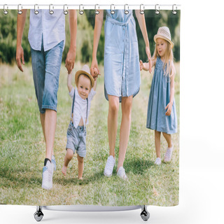 Personality  Parents Holding Hands With Children And Walking On Green Feild Together Shower Curtains