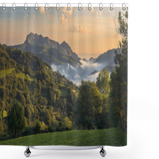 Personality  Beautiful Light Over Monsacro Mountain At Dawn, Asturias Shower Curtains