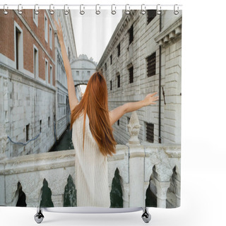 Personality  Back View Of Redhead Woman With Outstretched Hands Near Medieval Prison And Sighs Bridge In Venice Shower Curtains