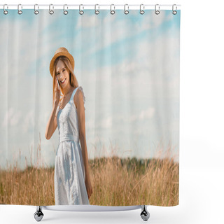 Personality  Young Woman In White Dress And Straw Hat Looking At Camera While Talking On Smartphone In Meadow Against Blue Sky Shower Curtains