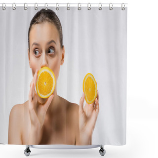 Personality  Young Woman With Funny Face Expression And Orange Slices Shower Curtains