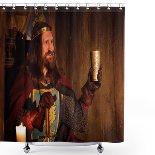 Personality  Old Medieval King With Goblet Of Wine On The Throne In Ancient Castle Interior. Shower Curtains