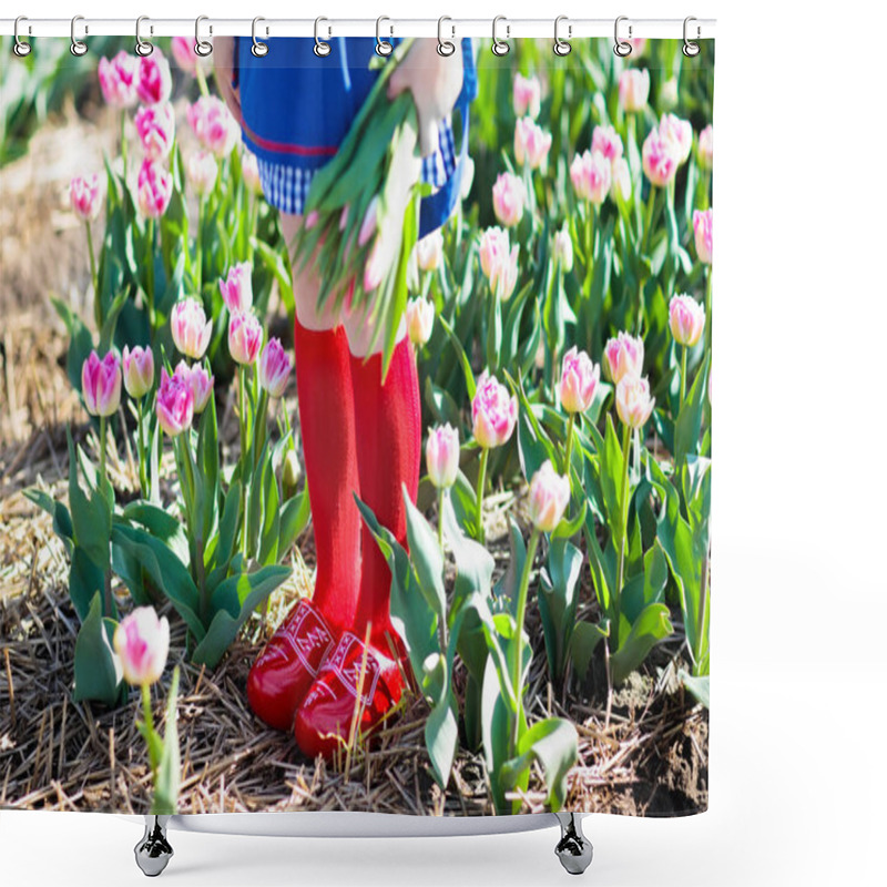 Personality  Child in tulip flower field. Windmill in Holland. shower curtains
