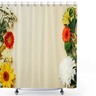 Personality  Flat Lay With Various Beautiful Flowers Arrangement On Beige Background Shower Curtains