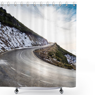 Personality  Very Closed Curve On A Dangerous High Mountain Road With Cloudy Skies And Snow On La Covatilla, Bejar (Salamanca) Shower Curtains