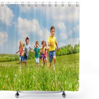 Personality  Running Kids In Green Field During Summer Shower Curtains