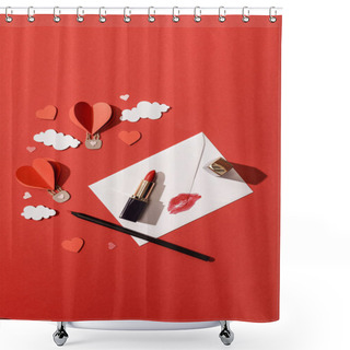 Personality  Top View Of Paper Clouds And Heart Shaped Air Balloons, Envelope With Lip Print, Lipstick And Pencil On Red Background Shower Curtains