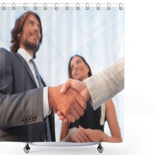 Personality  Businesspeople  Shaking Hands Against Room With Large Window Loo Shower Curtains