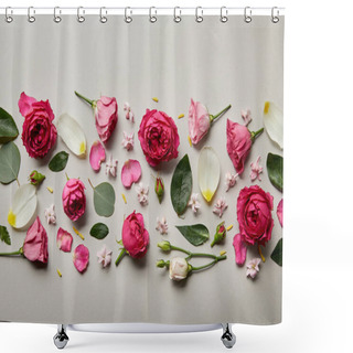Personality  Top View Of Pink Roses, Leaves, Buds And Petals Isolated On Grey Shower Curtains