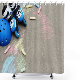 Personality  Roller Inline Skates With Helmet In Skate Park On Gray Asphalt Painted Colored Chalks Background Shower Curtains