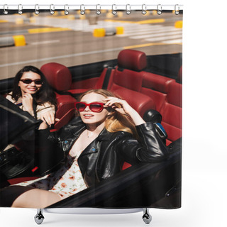 Personality  Beautiful Girl In Sunglasses Dreamily Looking In Camera Driving Cabriolet Car With Smiling Friend Near On City Streets Outdoor Shower Curtains