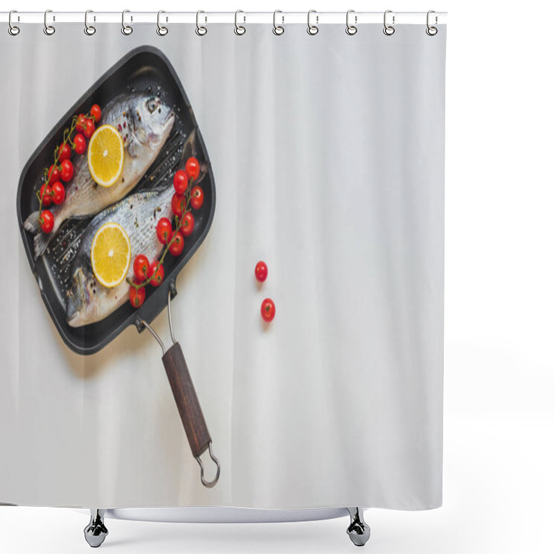 Personality  top view of uncooked fish decorated by lemon and cherry tomatoes in baking tray shower curtains