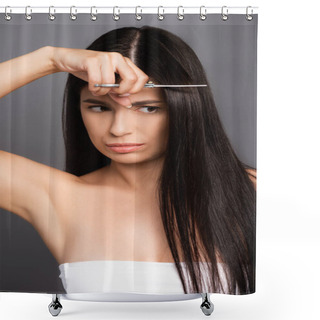 Personality  Worried Brunette Woman Cutting Hair Isolated On Black Shower Curtains