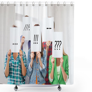 Personality  Friends Or Students Covering Faces With Papers Shower Curtains