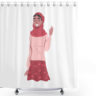 Personality  Young Smiling Woman Wearing Hijab Waving Hand Vector Illustration Shower Curtains