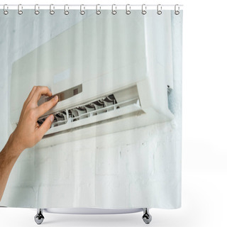 Personality  Cropped View Of Installer Pushing Buttons On Air Conditioner  Shower Curtains