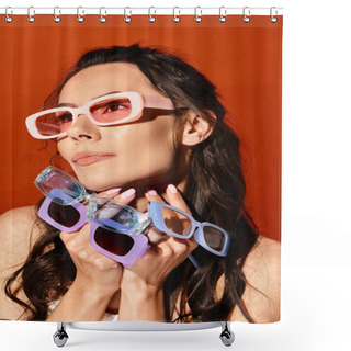 Personality  A Fashionable Woman With Summertime Vibes Dons Pink And Blue Sunglasses On An Orange Backdrop. Shower Curtains