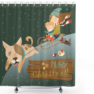 Personality  Funny Dog Pulling Sledge With Children Shower Curtains