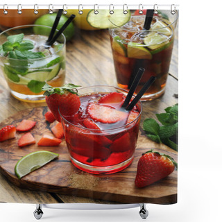 Personality  Closeup View Of Sweet Lemonades Served With Straws On Wooden Table And Chopping Board. Shower Curtains