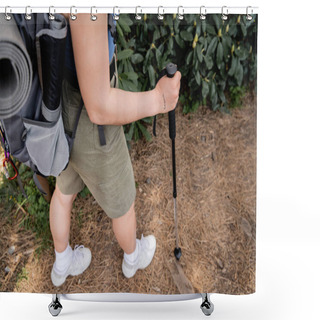 Personality  High Angle View Of Young Tattooed Female Hiker With Backpack Holding Trekking Pole While Walking On Path In Summer Forest, Reconnecting With Yourself In Nature Concept, Translation Of Tattoo: Love Shower Curtains