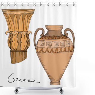Personality  Vector Antique Greek Amphoras And Columns. Black And White Engraved Ink Art. Isolated Ancient Illustration Element. Shower Curtains
