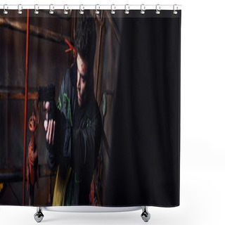 Personality  Unshaven Man In Worn Clothes Aiming With Gun In Post-disaster Underground, High Angle View, Banner Shower Curtains
