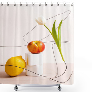Personality  Floral And Fruit Composition With Tulip On Wire And Lemon With Apple On Cubes Isolated On Beige Shower Curtains