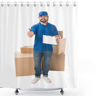 Personality  Happy Young Delivery Man Holding Clipboard And Smiling At Camera Isolated On White  Shower Curtains