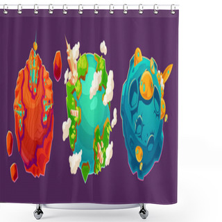 Personality  Set Of Vector Cartoon Illustrations Fantasy Alien Planets With Buildings And Other Structures On Them Shower Curtains